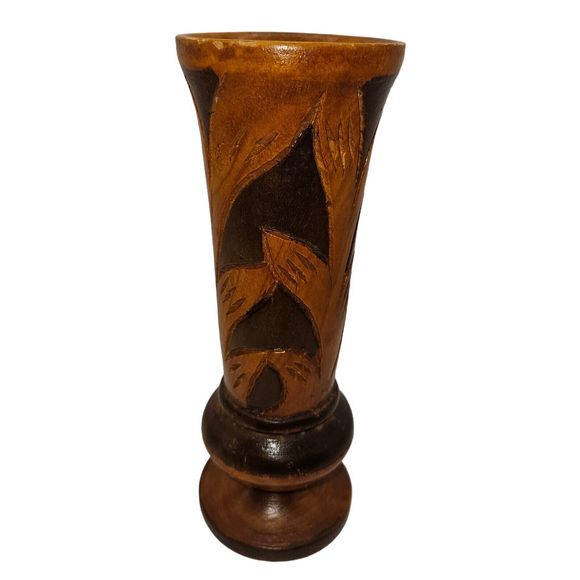 Vintage Hand Carved Wooden Vase Bohemian Mid-century Modern 8" Two-tone - Picture 16 of 16